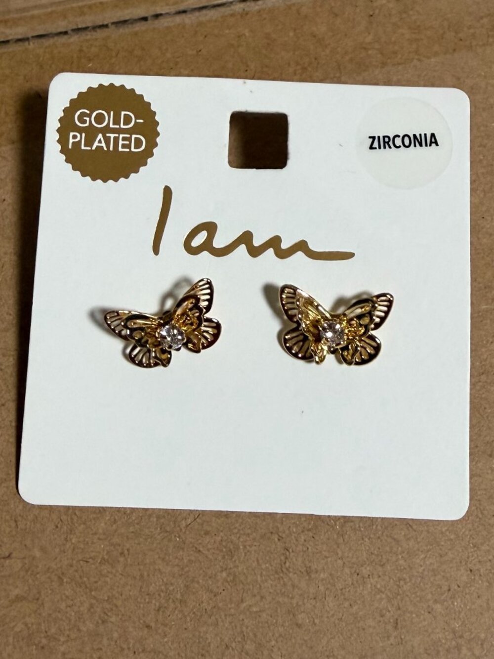 I Am Gold-Plated 3-D Butterfly Stud Earrings w/ Central Zirconia Stones